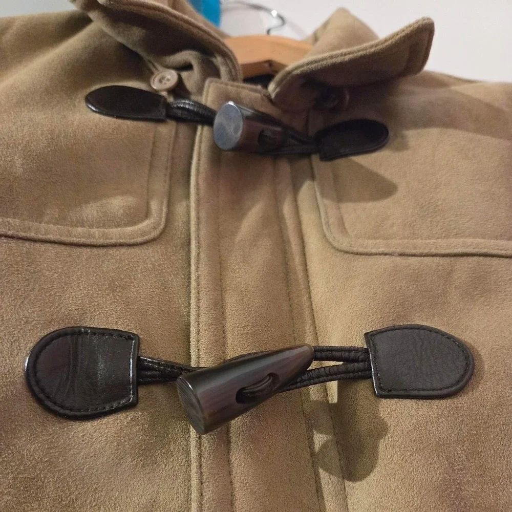 Vintage Guess Jeans 90s Suede Sherpa Lined Duffle Coat Tan Toggle Korea Mens